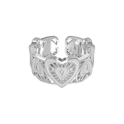 Stylish SUN HUNTER heart lock ring with an intricate heart design and polished silver finish