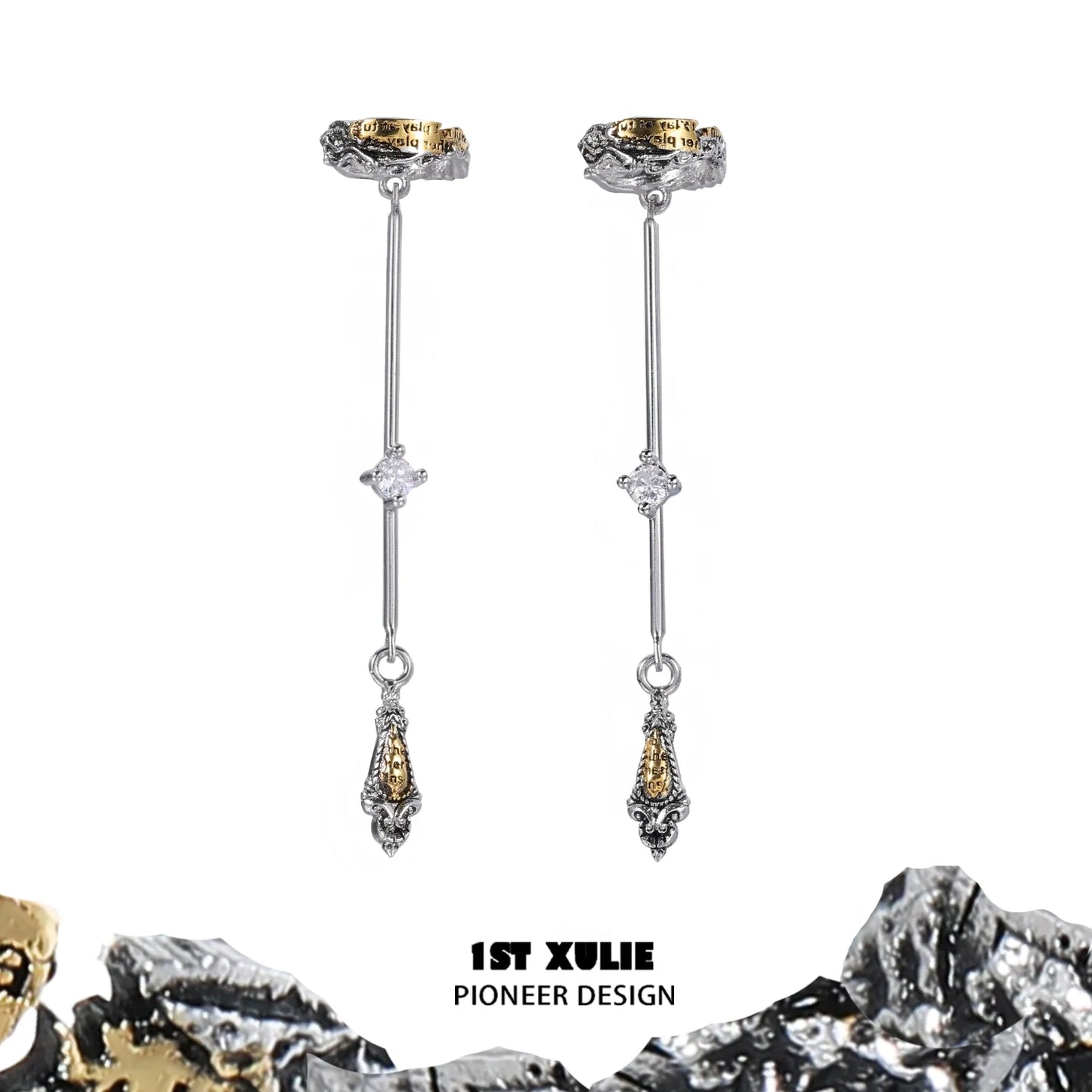 Elegant immortal love letter ear clips in silver and gold featuring sparkling gems and unique design