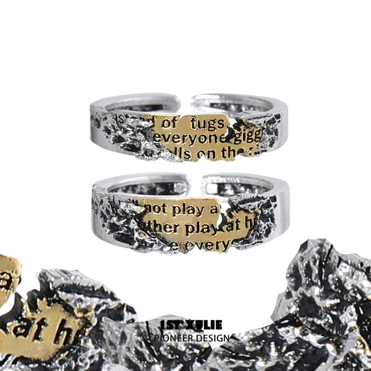 1STXULIE Immortal Love Letter Silver Ring with Unique Textured Design and Gold Inlay
