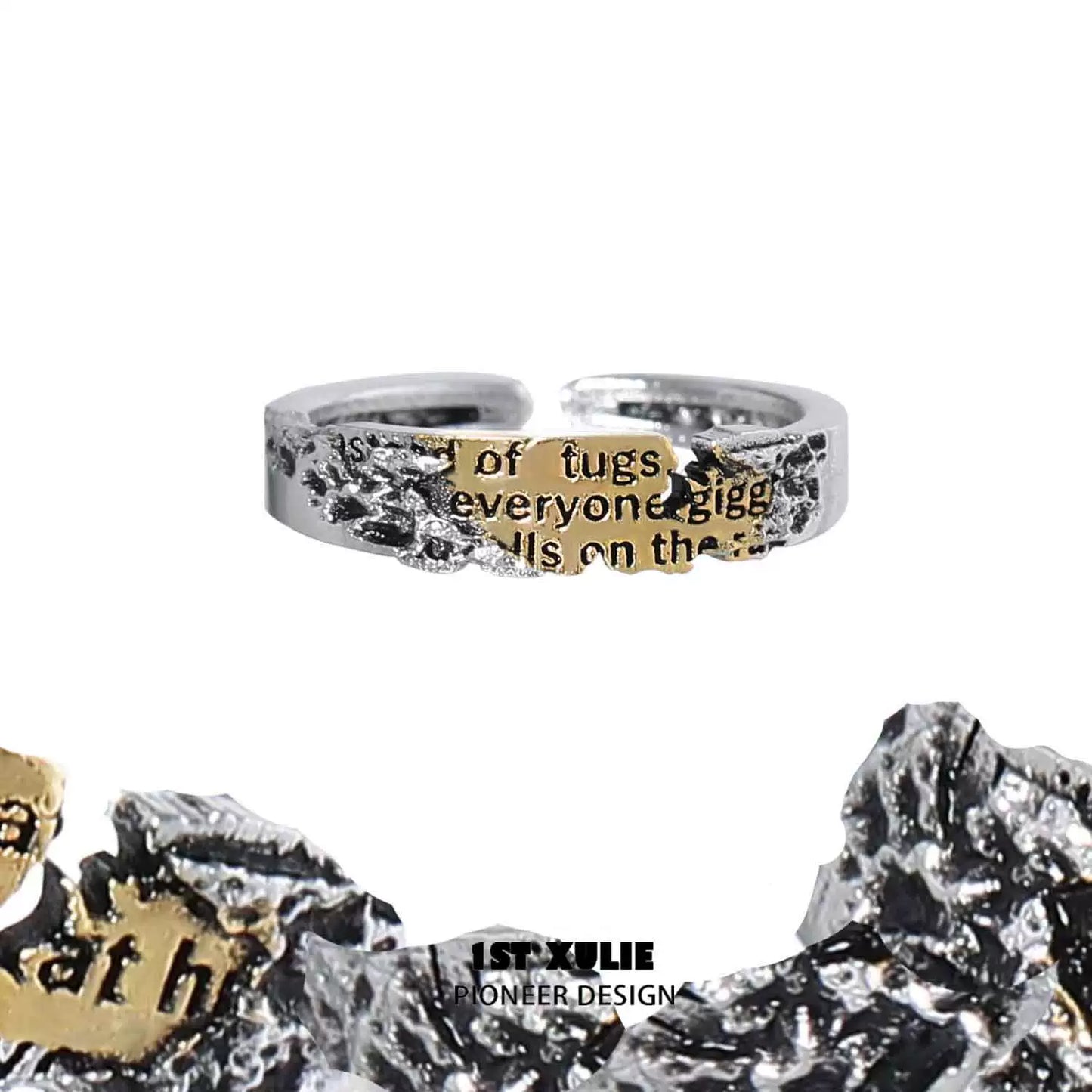 1STXULIE Immortal Love Letter Silver Ring with Unique Texture and Engraved Message