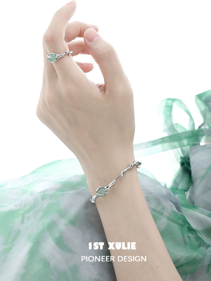 1ST XULIE Jade Bamboo Silver Bracelet with Elegant Leaf Design for a Stylish Look