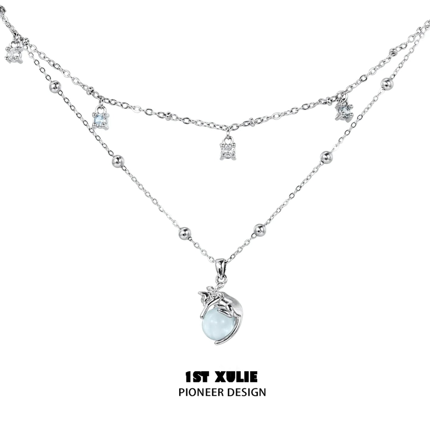 Stylish 1ST XULIE kitten necklace for summer featuring playful charms and a blue charm pendant