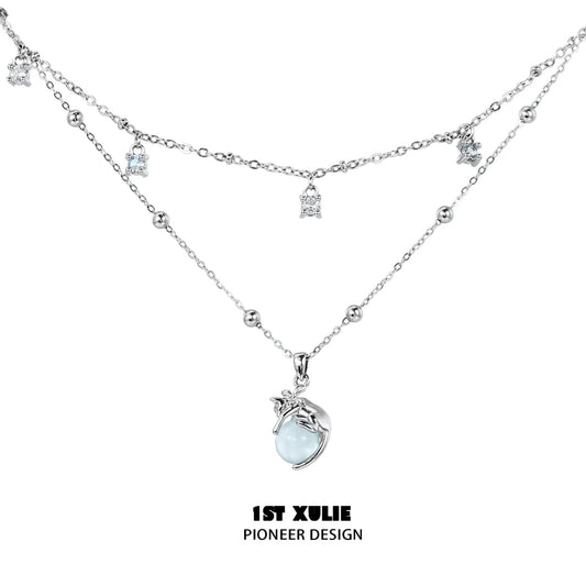 Stylish 1ST XULIE kitten necklace for summer featuring playful charms and a blue charm pendant