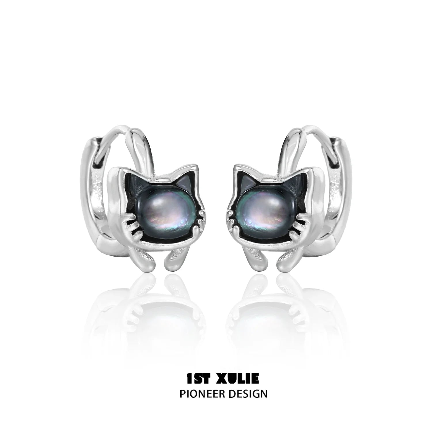 Silver kitten stud earrings with a glossy black cat design for a playful accessory