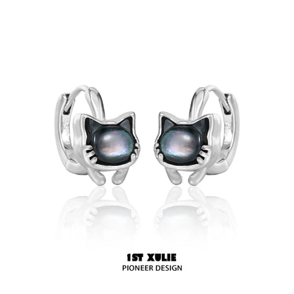 Silver kitten stud earrings with a glossy black cat design for a playful accessory