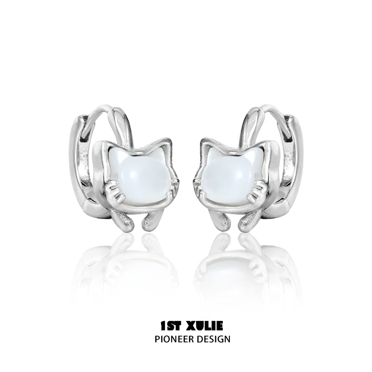 Cute kitten stud earrings in silver with a glossy white stone for playful animal lovers