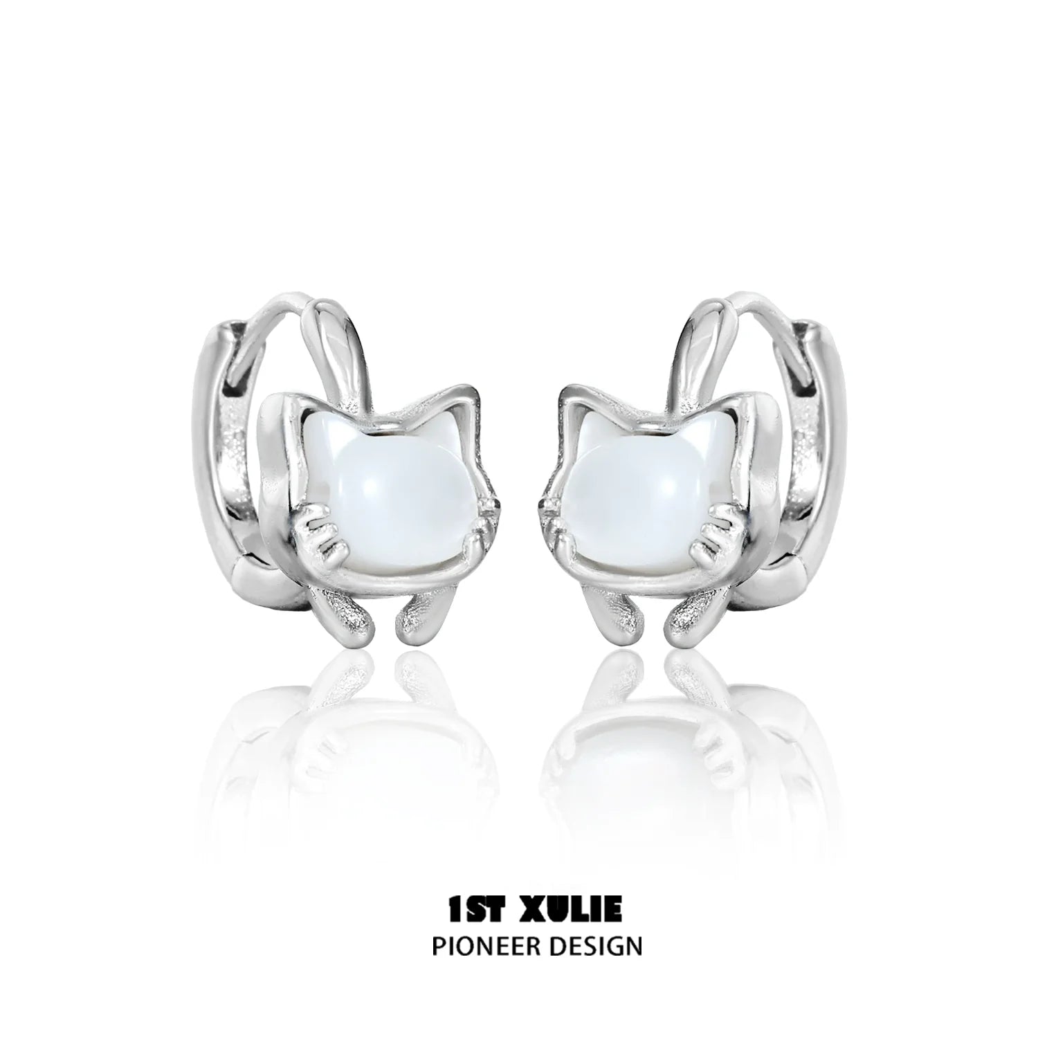 Cute kitten stud earrings in silver with a glossy white stone for playful animal lovers
