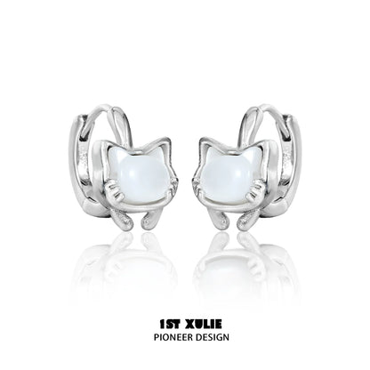 Cute kitten stud earrings in silver with a glossy white stone for playful animal lovers