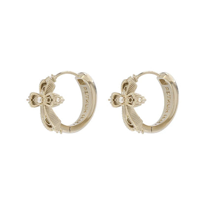 Elegant SUN HUNTER lace cross earrings in gold featuring intricate detailing and sparkling accents
