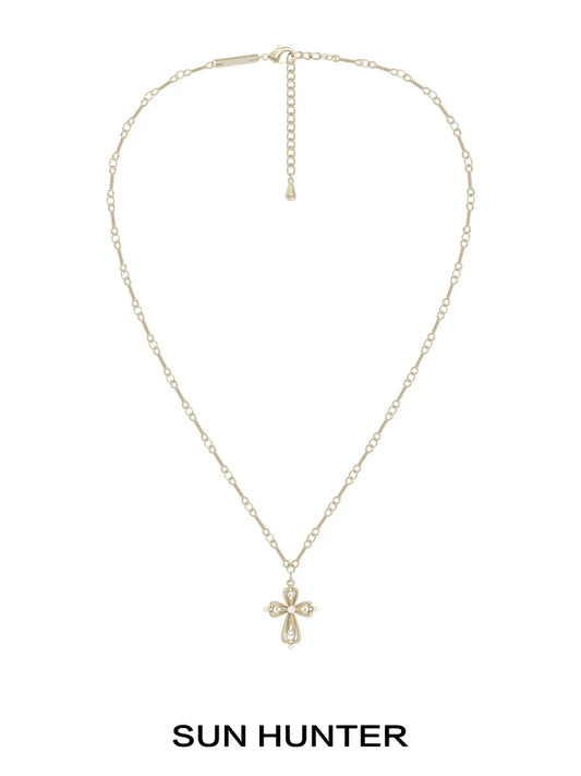 SUN HUNTER Lace Cross Necklace in Gold with Decorative Pendant for Elegant Styling