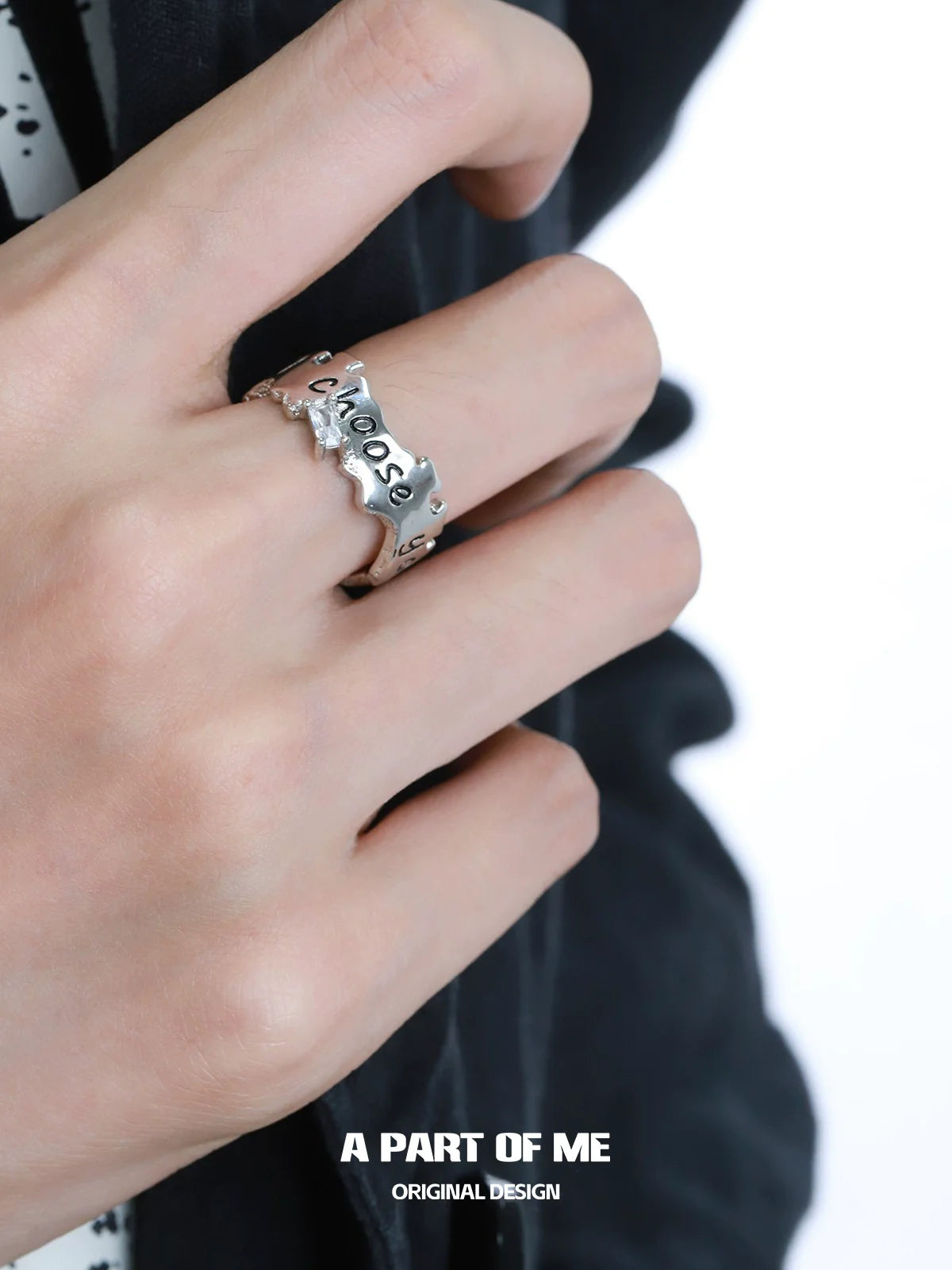 Silver A PART OF ME Letter Couple Rings with a Unique Wave Design for Couples