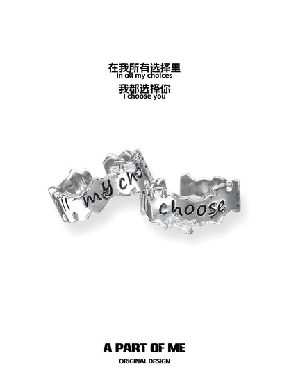 Silver letter couple rings featuring the phrase I choose you for romantic couples
