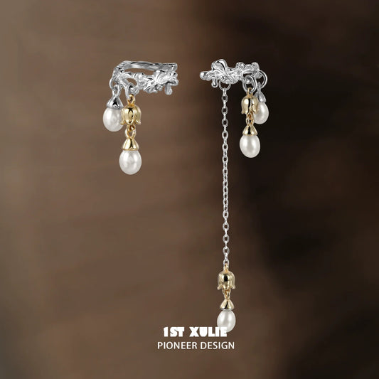 1ST XULIE Lily Tassel Pearl Ear Cuff with Silver and Gold Chain Detail for Elegant Style