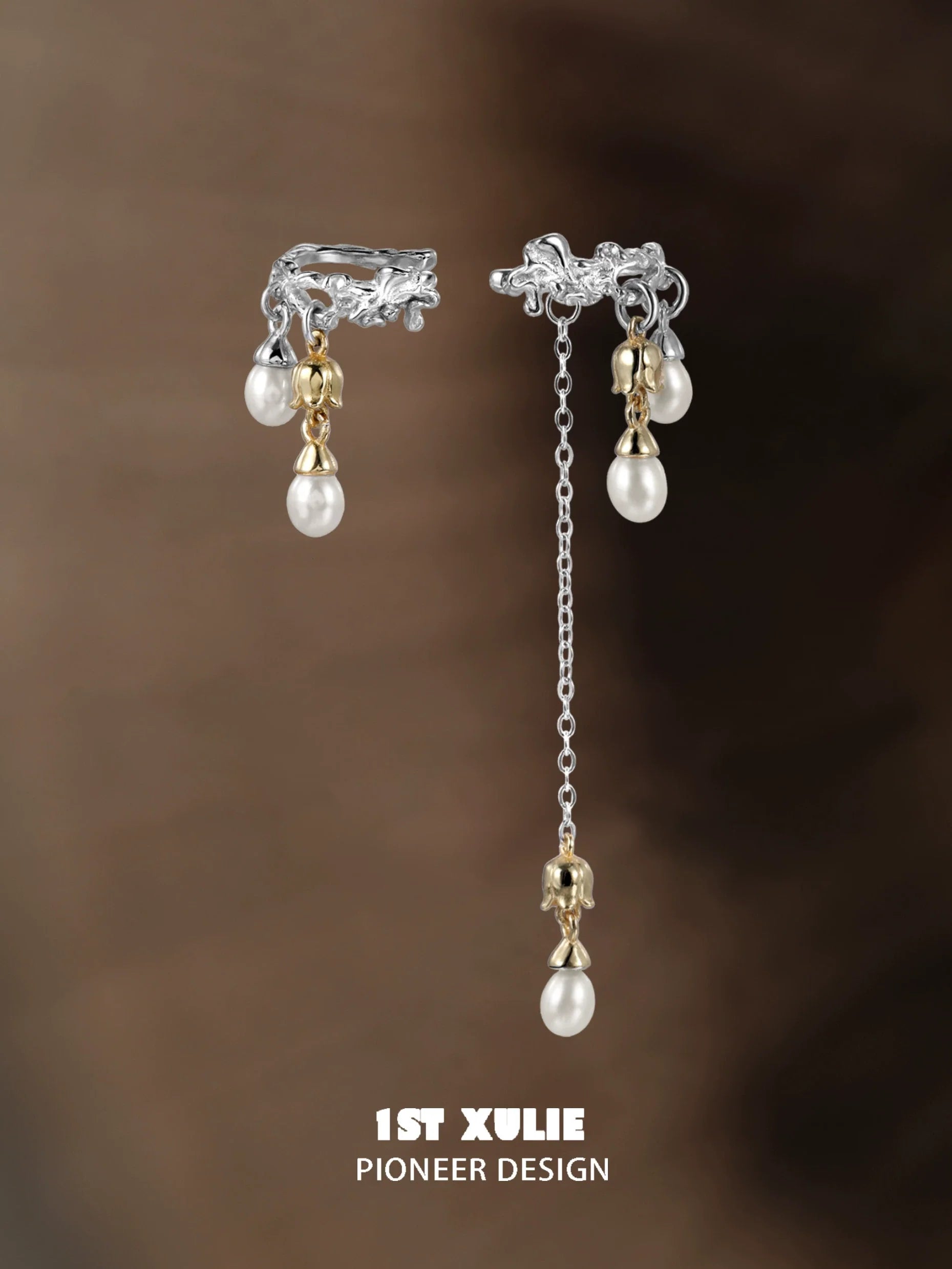 Elegant 1STXULIE lily tassel pearl ear cuff featuring silver and gold with dangling pearl accents