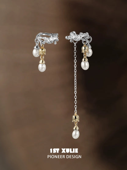 Elegant 1STXULIE lily tassel pearl ear cuff featuring silver and gold with dangling pearl accents