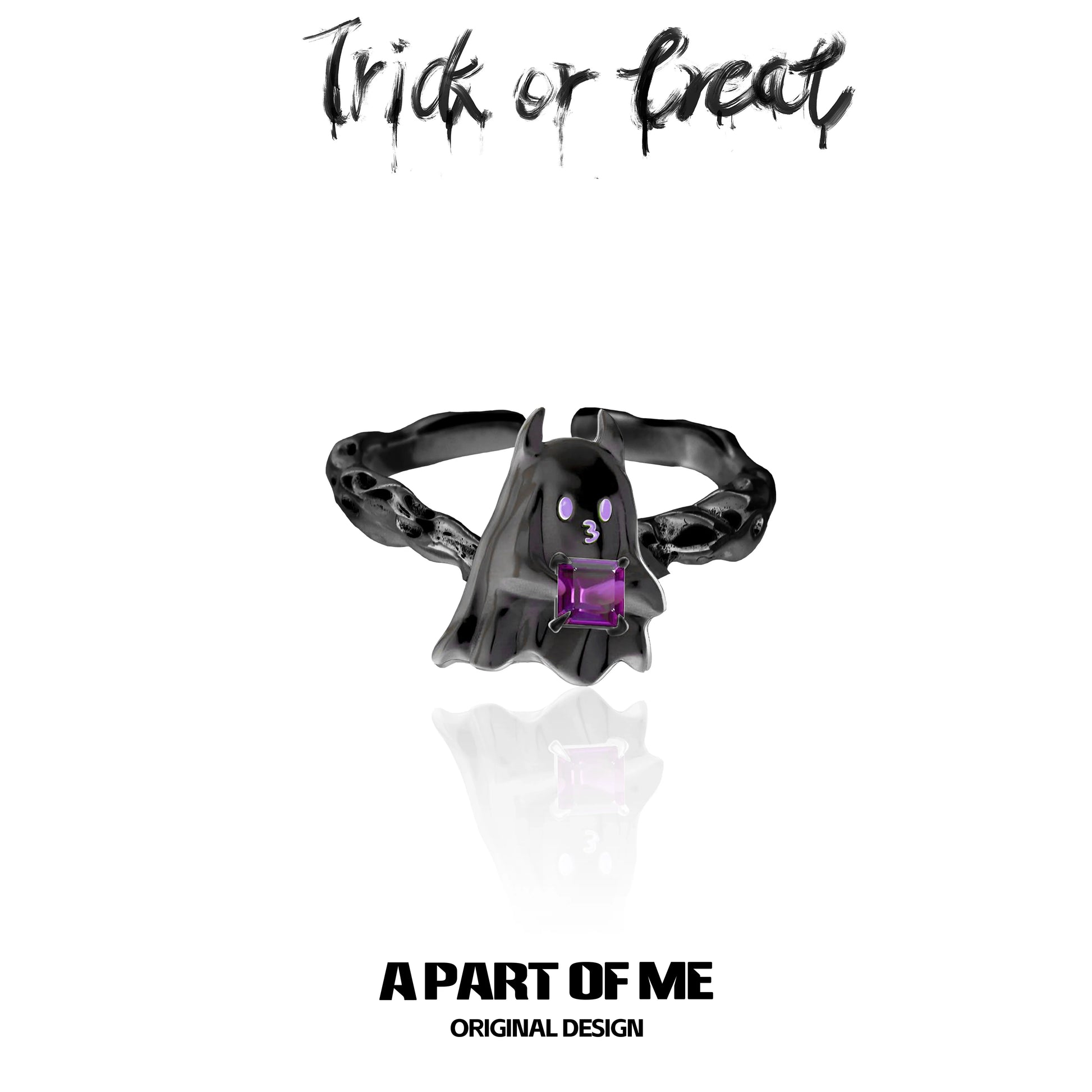 APartOfMe little demon goth ring featuring a black ghost design with a purple gemstone