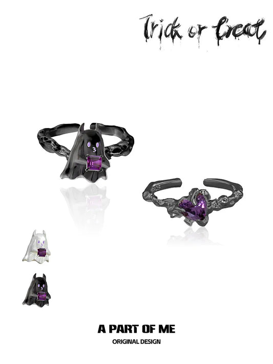 Little demon goth ring in black with a purple gemstone and unique design by A PART OF ME