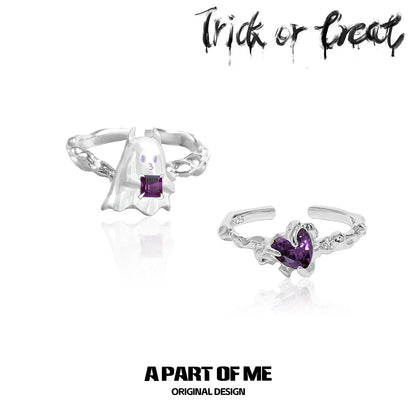 A Part of Me Little Demon Goth Ring featuring a ghost design and purple gemstone accents