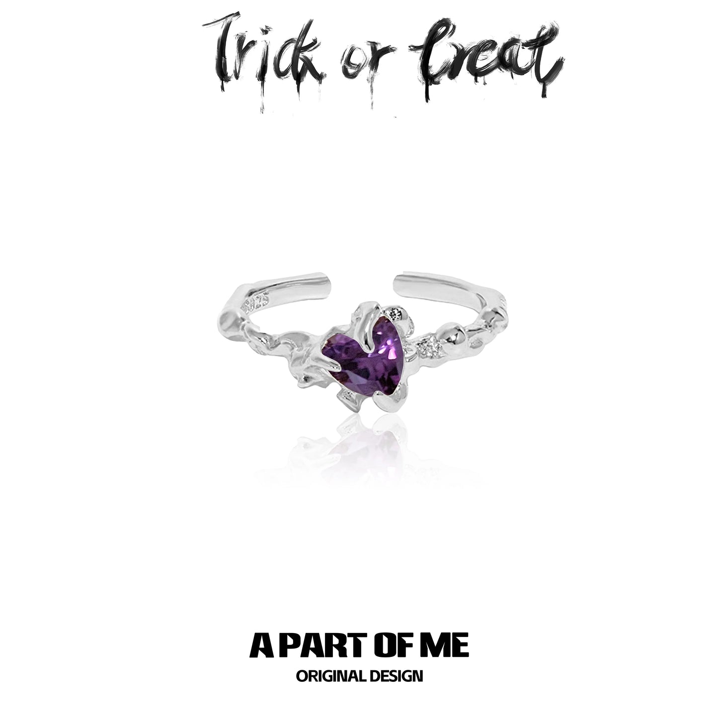 Little demon goth ring featuring a heart-shaped purple stone in a unique design by A PART OF ME