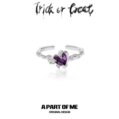 Little demon goth ring featuring a heart-shaped purple stone in a unique design by A PART OF ME