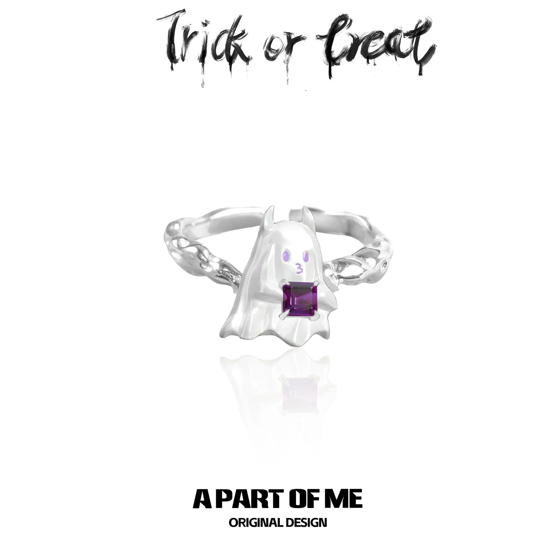 A PART OF ME little demon goth ring featuring a ghost design with a purple gemstone