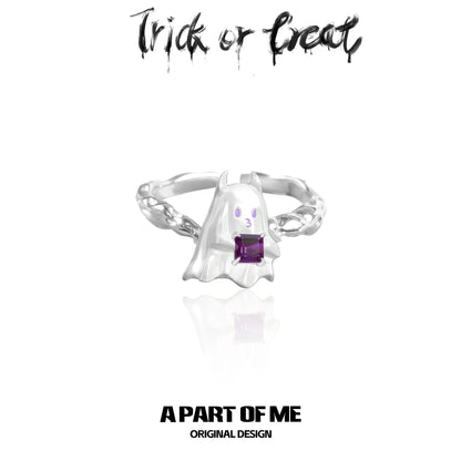 A PART OF ME little demon goth ring featuring a ghost design with a purple gemstone