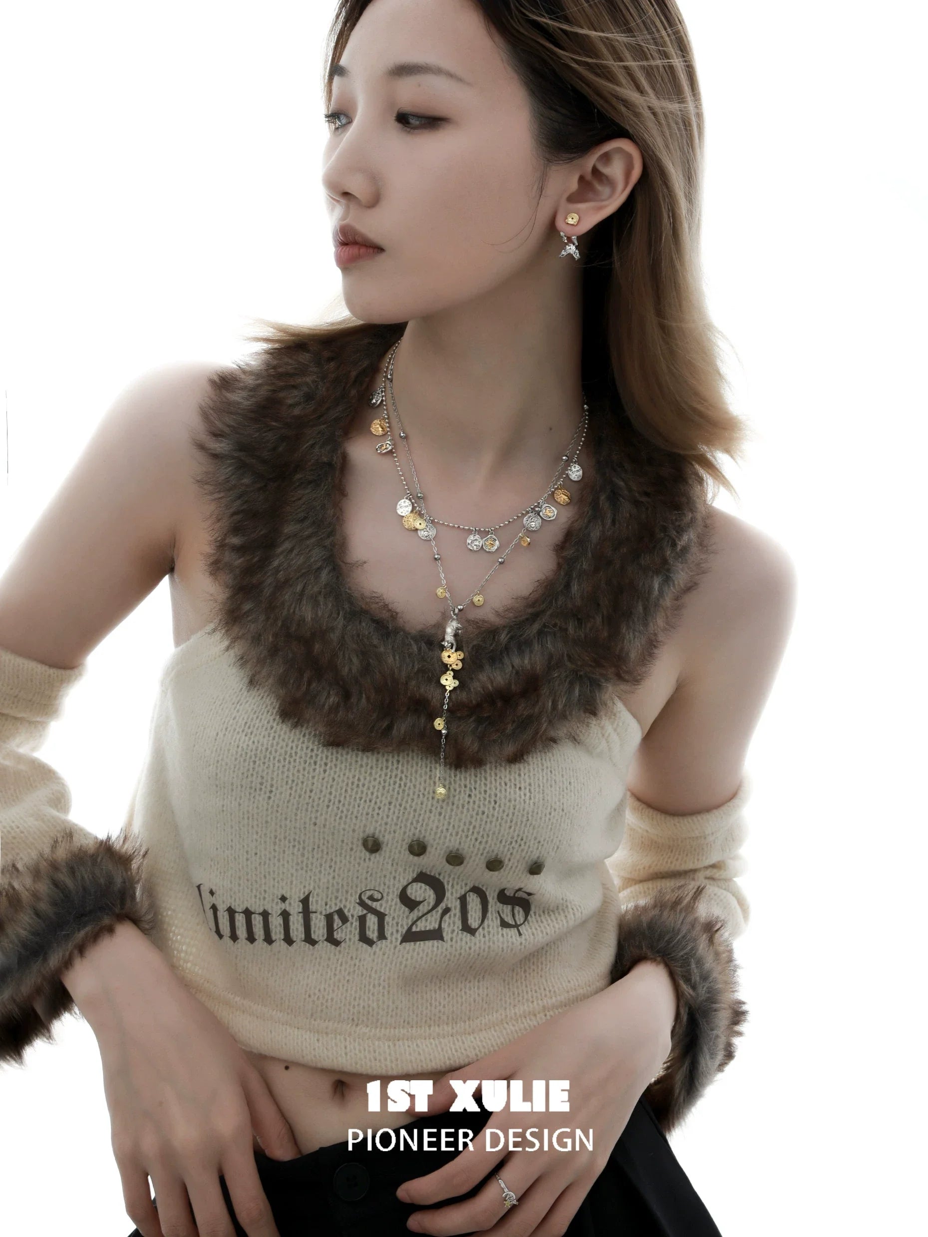 Stylish model wearing a lucky cat charm necklace for a trendy accessory look