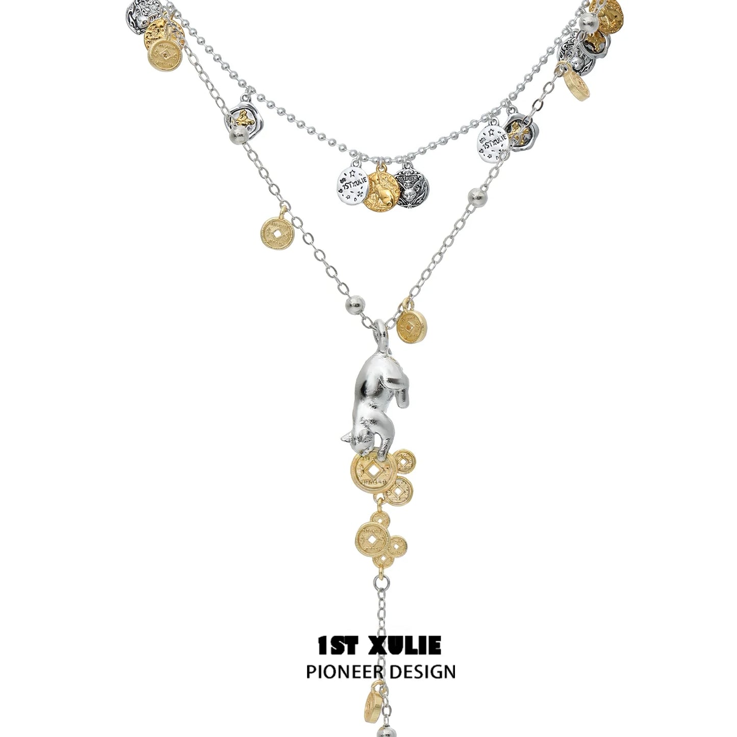 1STXULIE lucky cat charm necklace with mixed silver and gold-tone design for a fashionable look