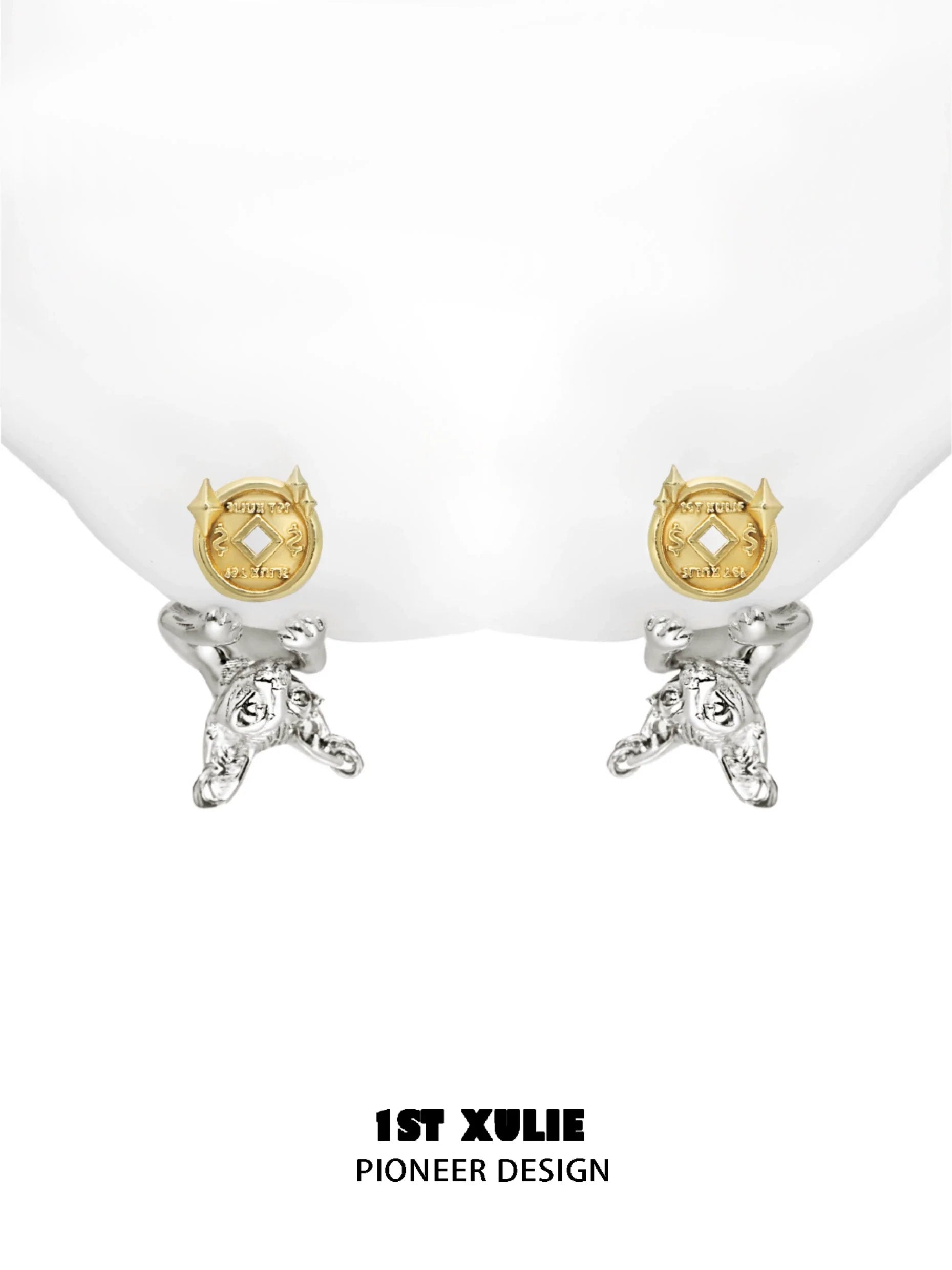 1STXULIE lucky coin cat stud earrings featuring a unique design with gold and silver accents