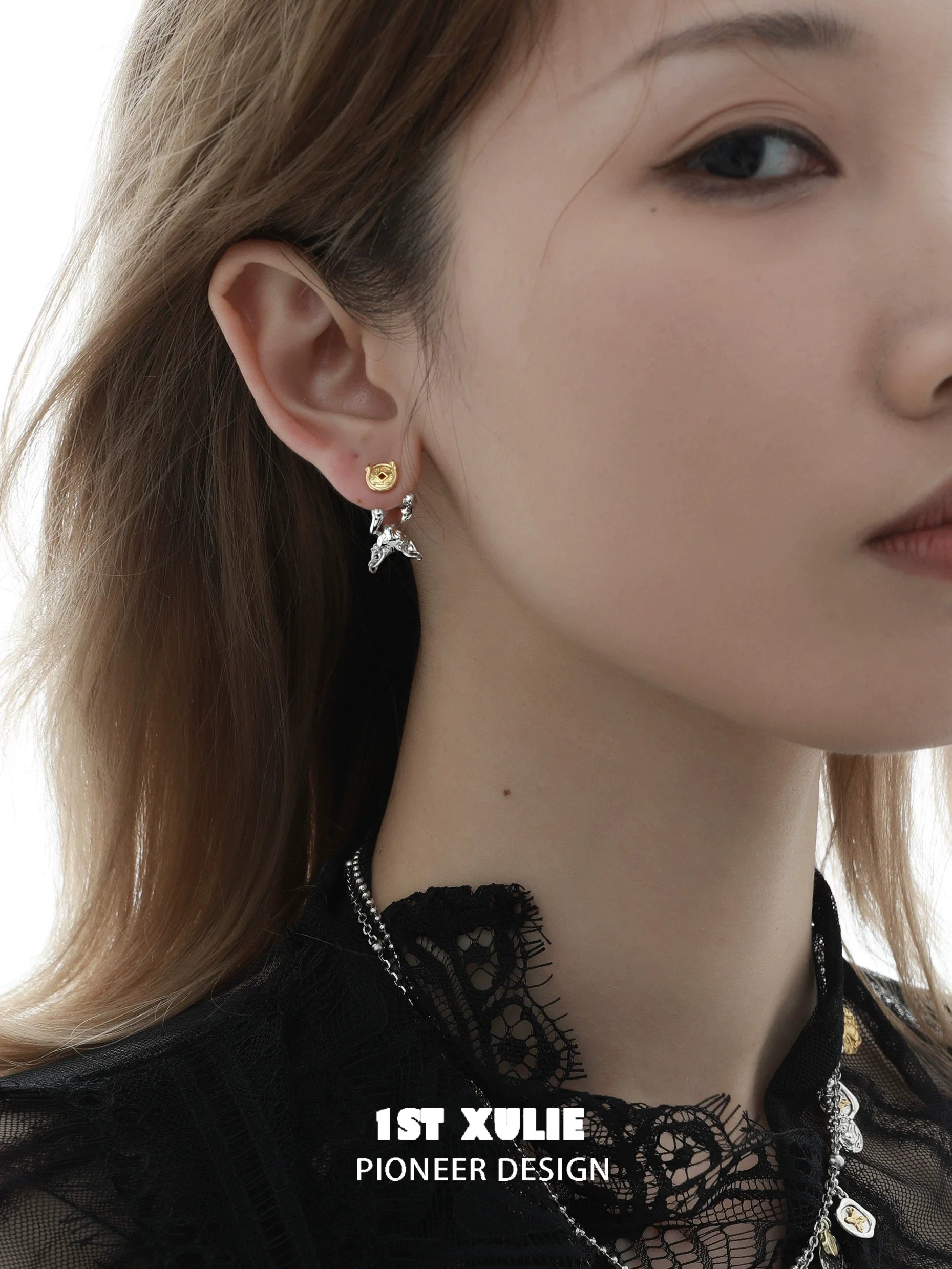 Lucky coin cat stud earrings by 1STXULIE featuring a cute cat design for playful elegance