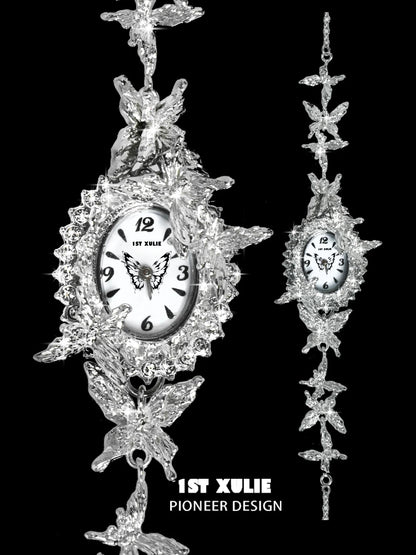 Elegant machinery aesthetic butterfly bracelet watch with intricate butterfly design and classic clock face