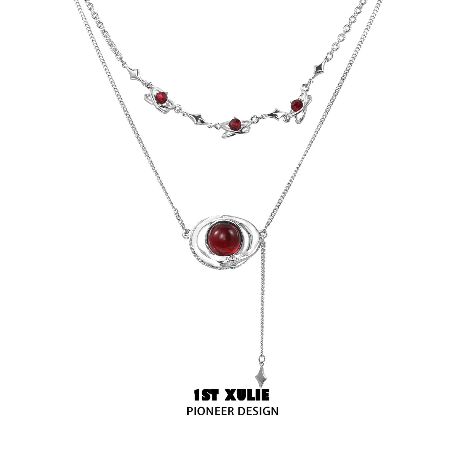 Mars inspired necklace by 1STXULIE featuring a unique design with red accents and silver chains