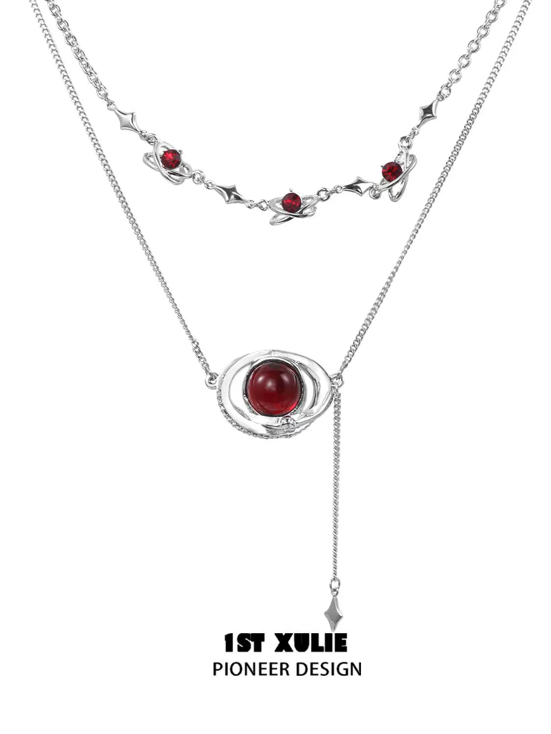 Mars inspired necklace with red gemstone and silver chain, perfect for space-themed jewelry lovers