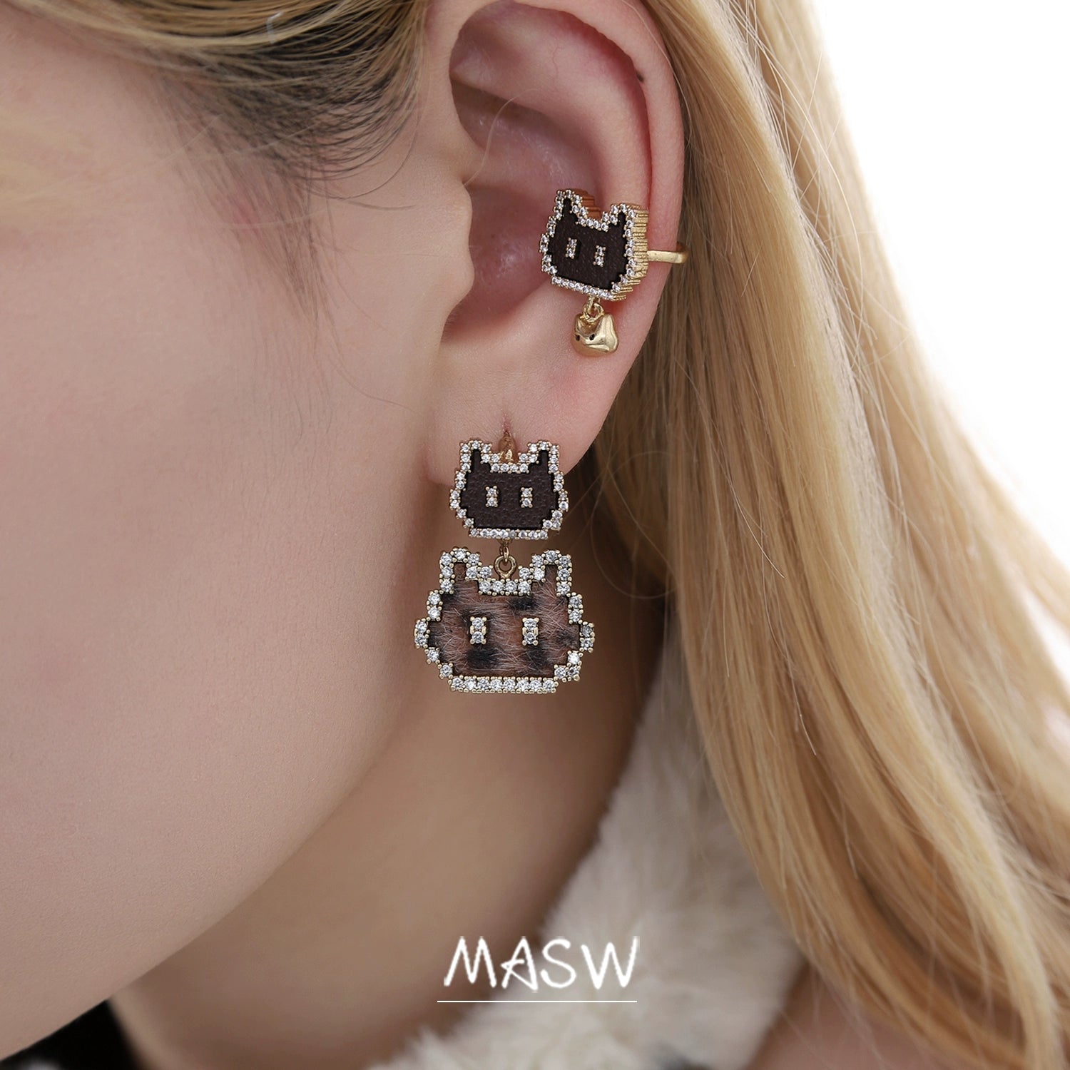 MASW jewelry mosaic pixel cat earrings from Gothhalo Jewelry with sparkling design and unique charm