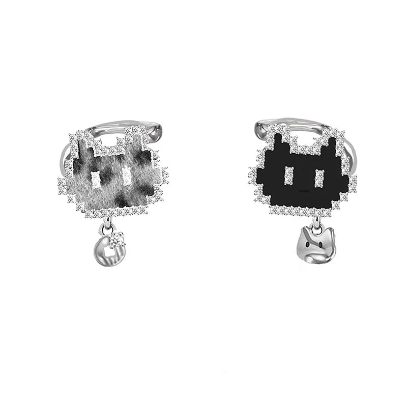 MASW jewelry mosaic pixel cat earrings from Gothhalo Jewelry in silver with playful design and charm