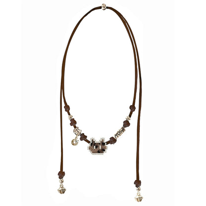 MASW jewelry mosaic pixel cat necklace from Gothhalo Jewelry on a brown cord with silver accents