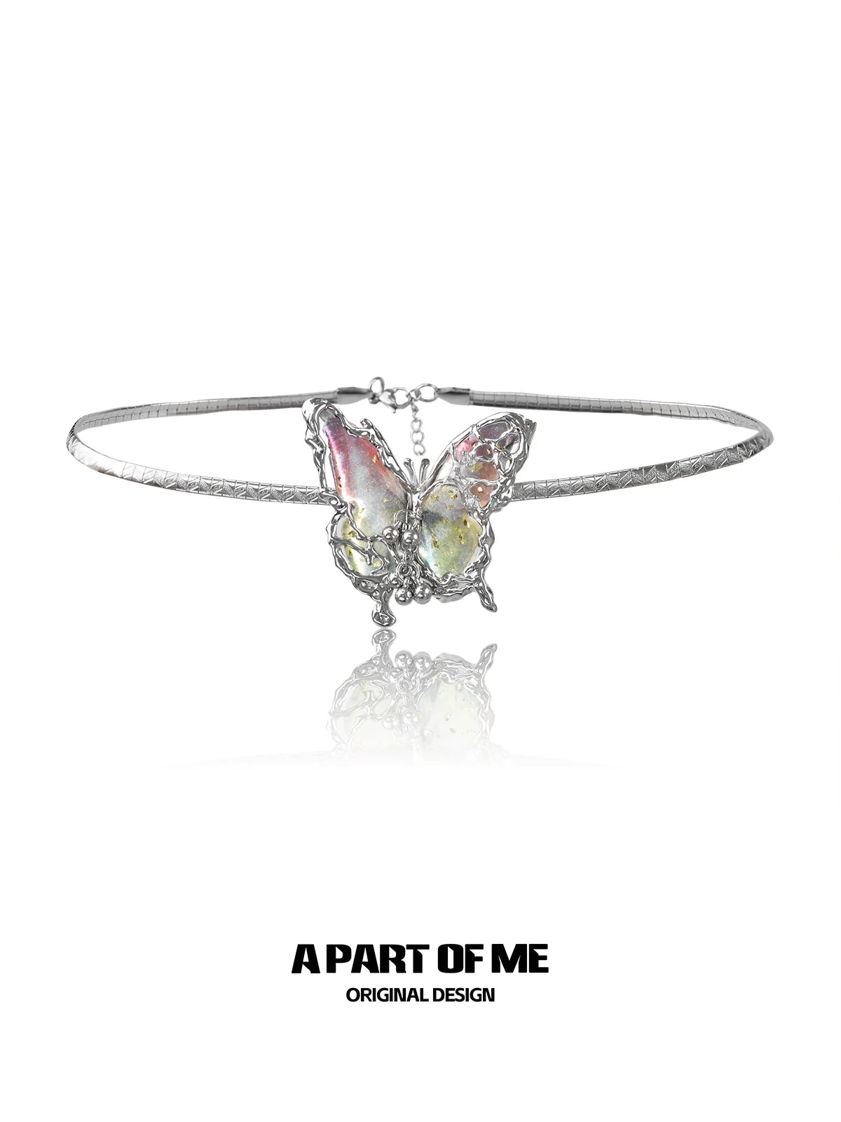 A PART OF ME mechanical butterfly necklace featuring a silver chain and intricate butterfly design