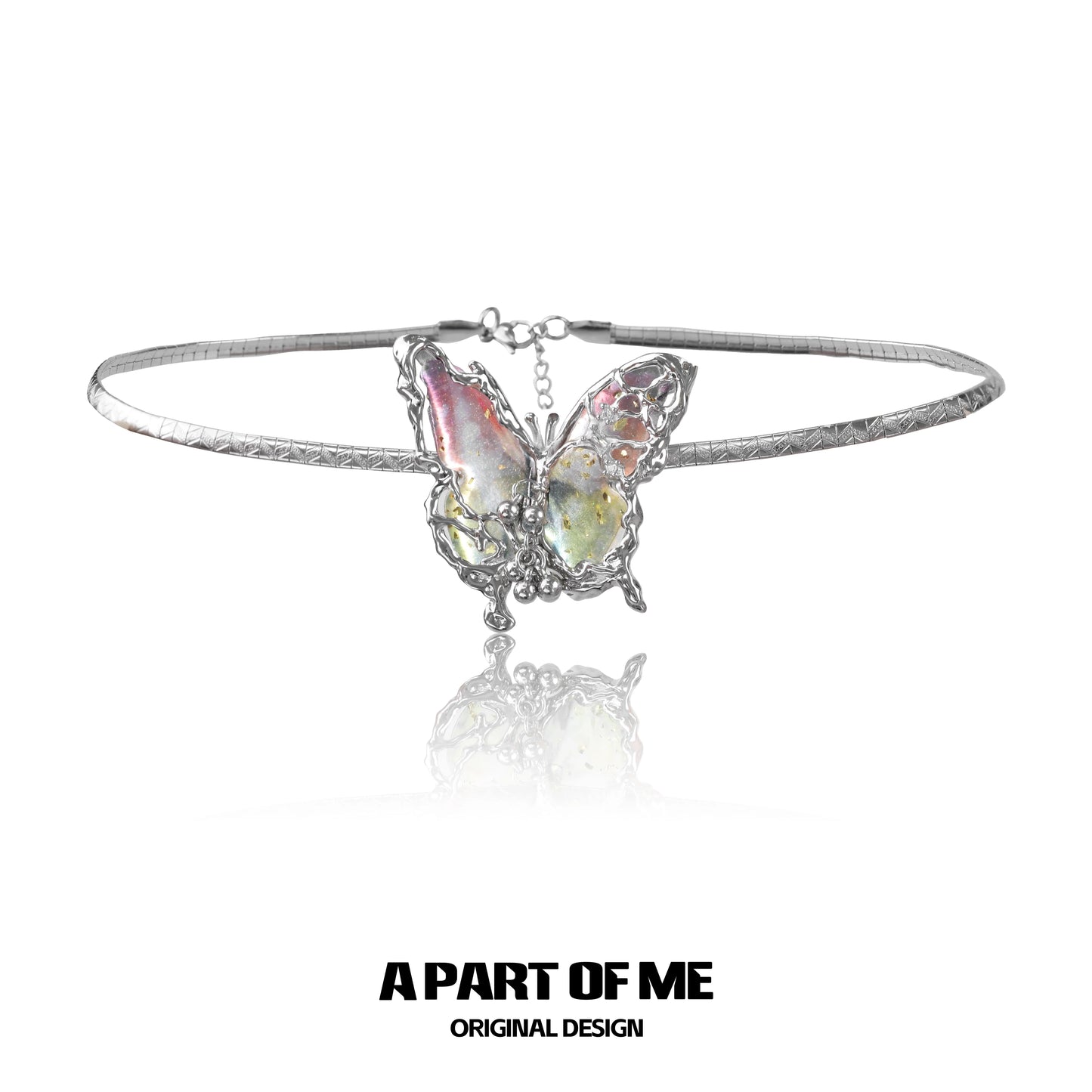 A PART OF ME mechanical butterfly necklace featuring a colorful butterfly design on a silver choker