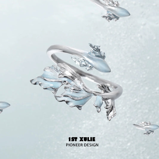 1ST XULIE Mermaid Tail Silver Ring with Intricate Design and Blue Accent for Ocean Lovers