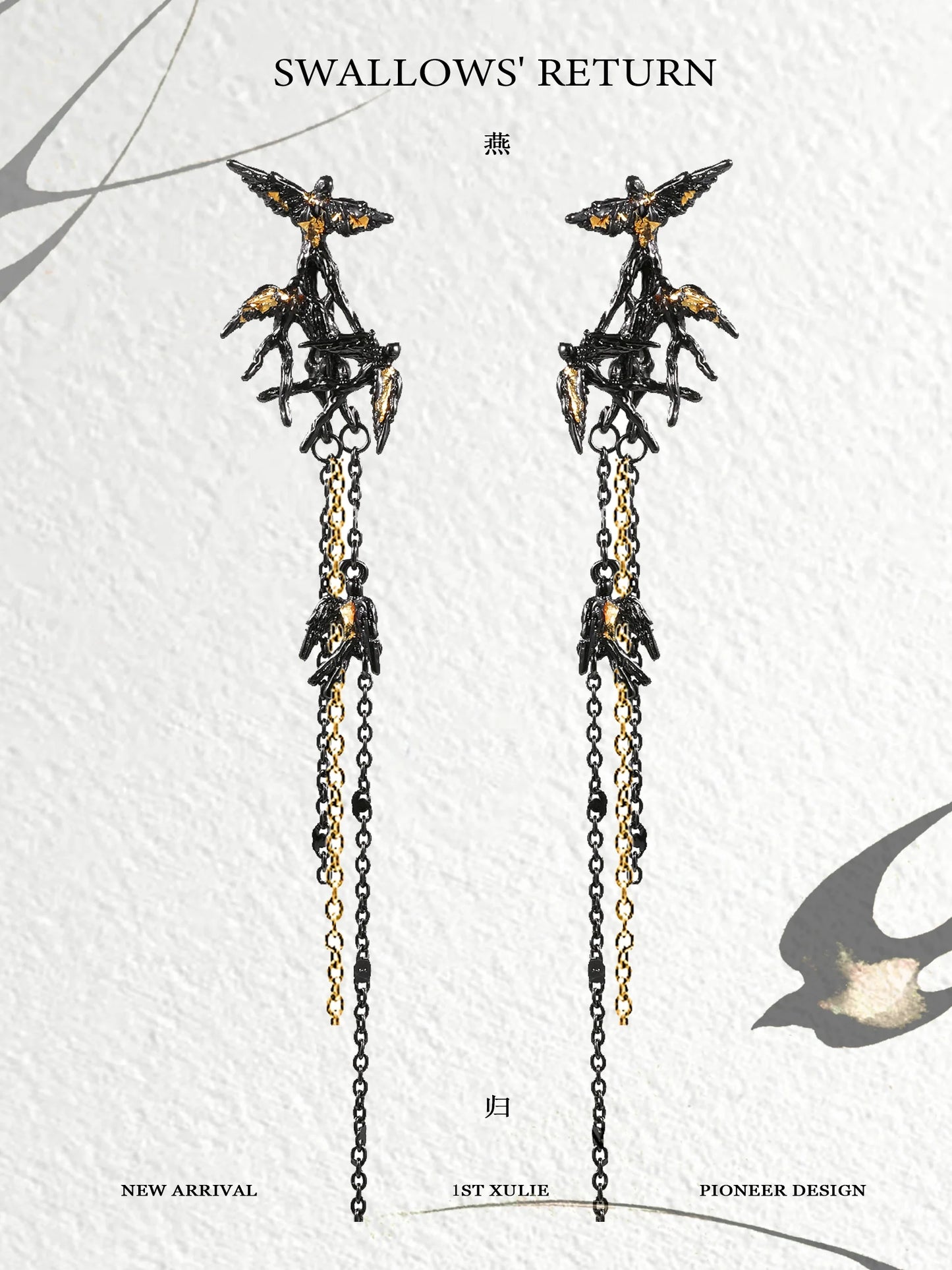 Midnight swallow gothic earrings featuring intricate bird designs in black and gold for a unique look