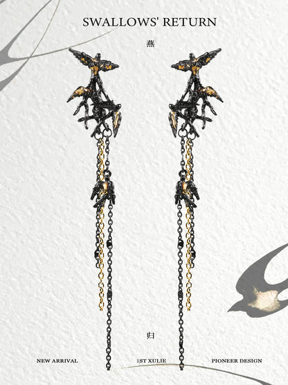 Midnight swallow gothic earrings featuring intricate bird designs in black and gold for a unique look