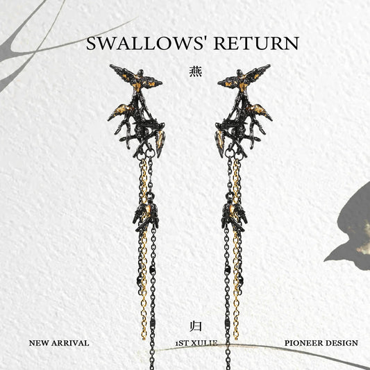 Midnight swallow gothic earrings featuring intricate bird designs and cascading chains for a bold look