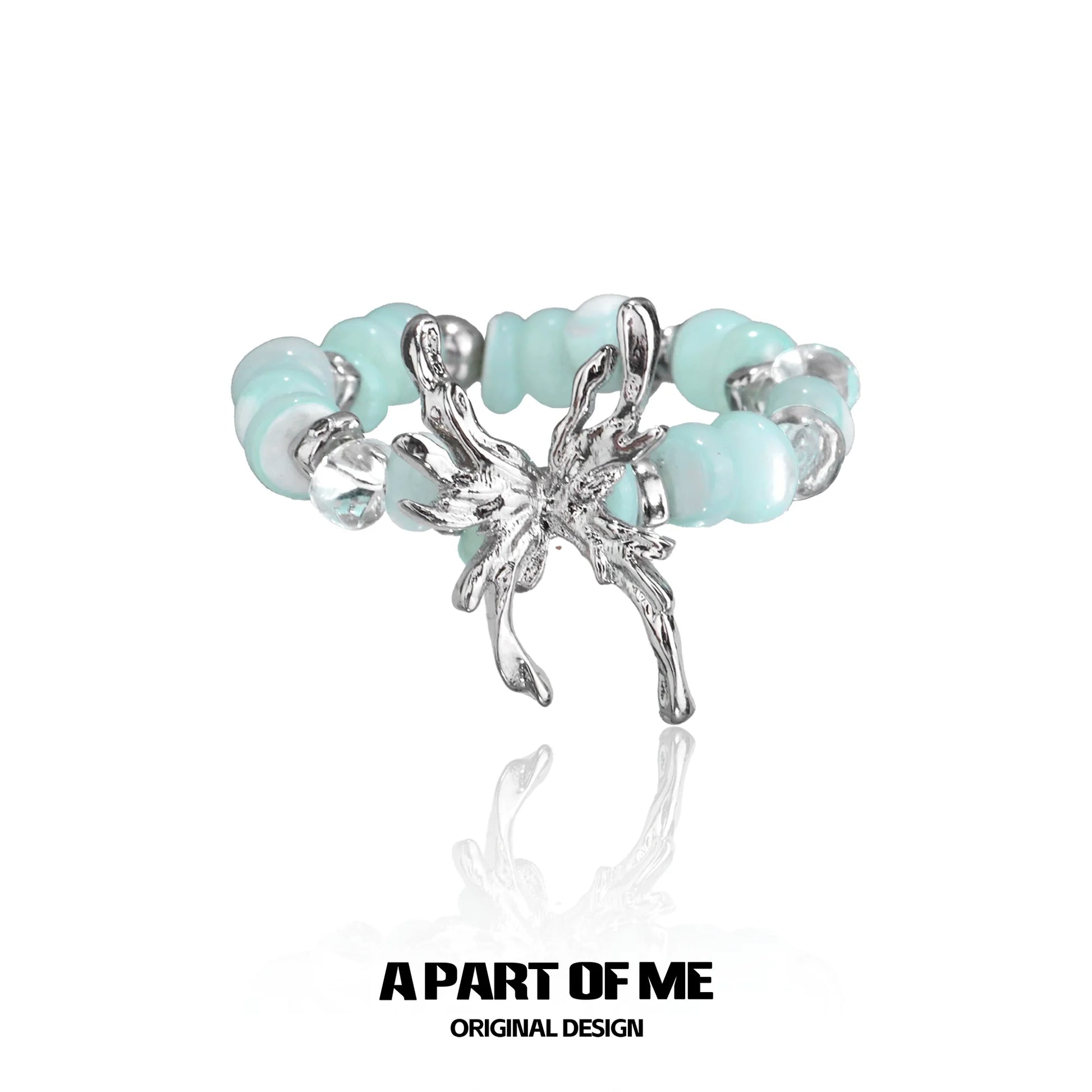 Mint butterfly beaded ring with silver butterfly detailing and smooth beads for a trendy look