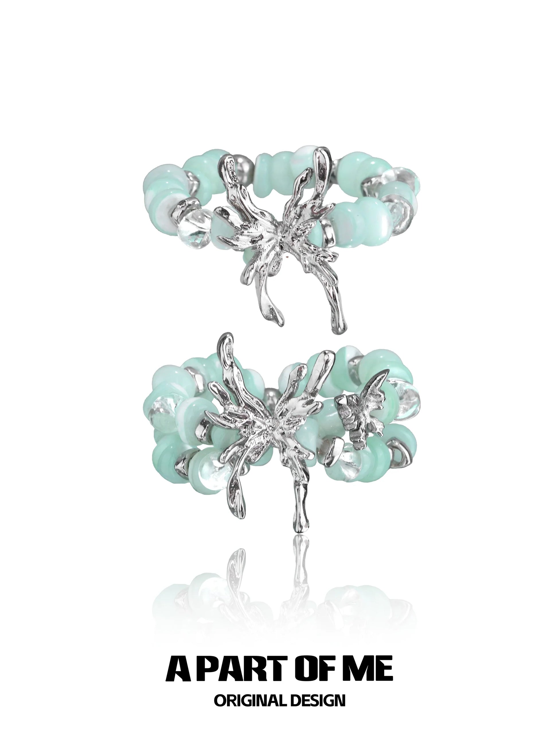 Mint butterfly beaded ring featuring a silver butterfly design with colorful beads for a stylish accessory.