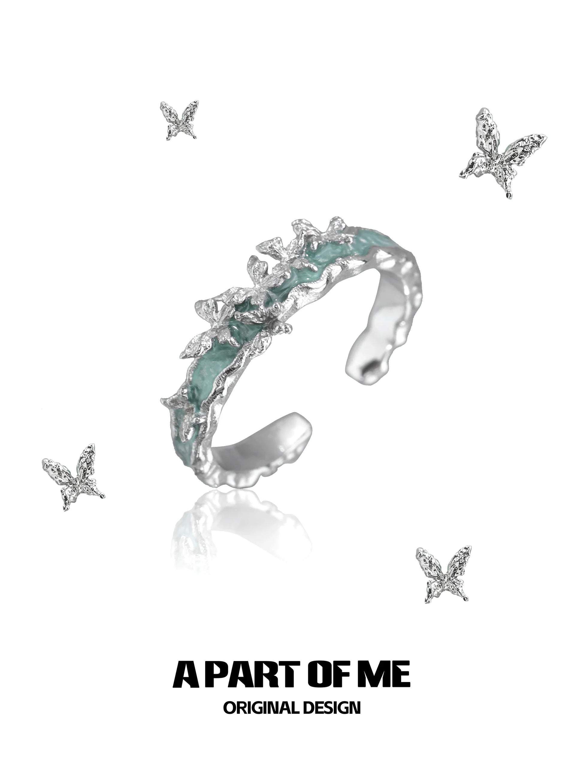 A Part of Me mint butterfly ring featuring delicate butterfly designs and a shimmering finish