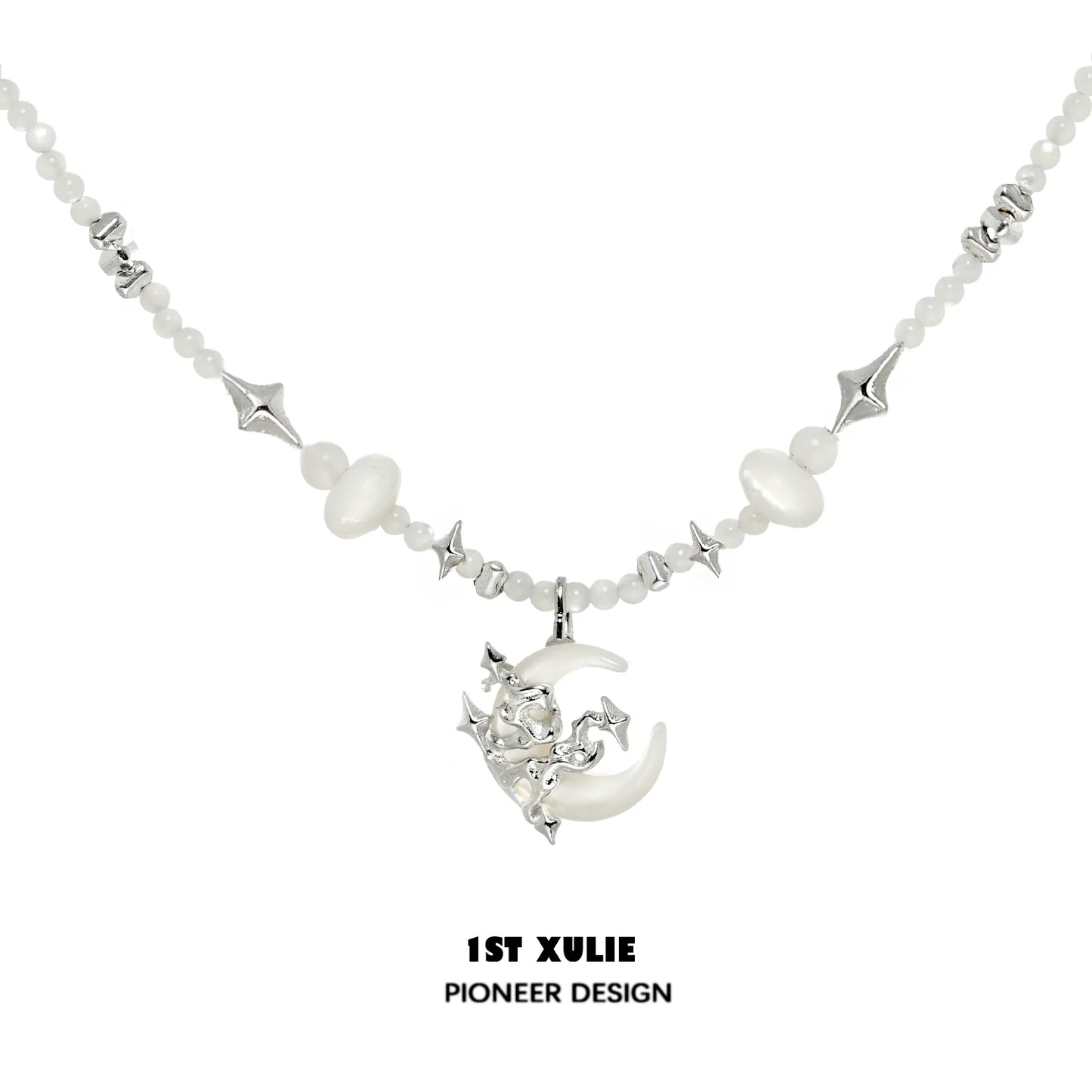 Moon beaded clavicle chain necklace featuring silver and white beads with a crescent moon charm