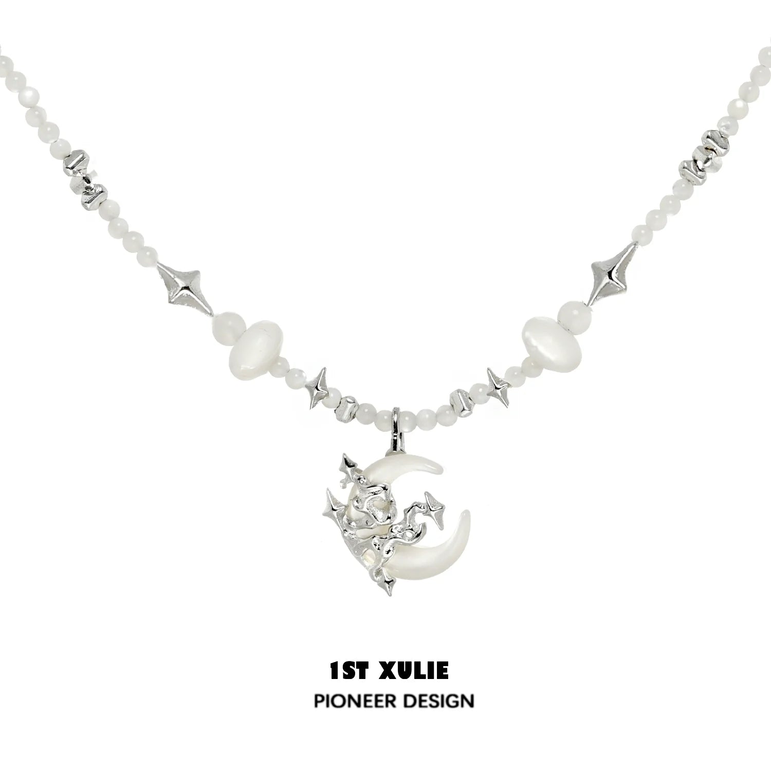 Moon beaded clavicle chain necklace featuring silver and white beads with a crescent moon charm