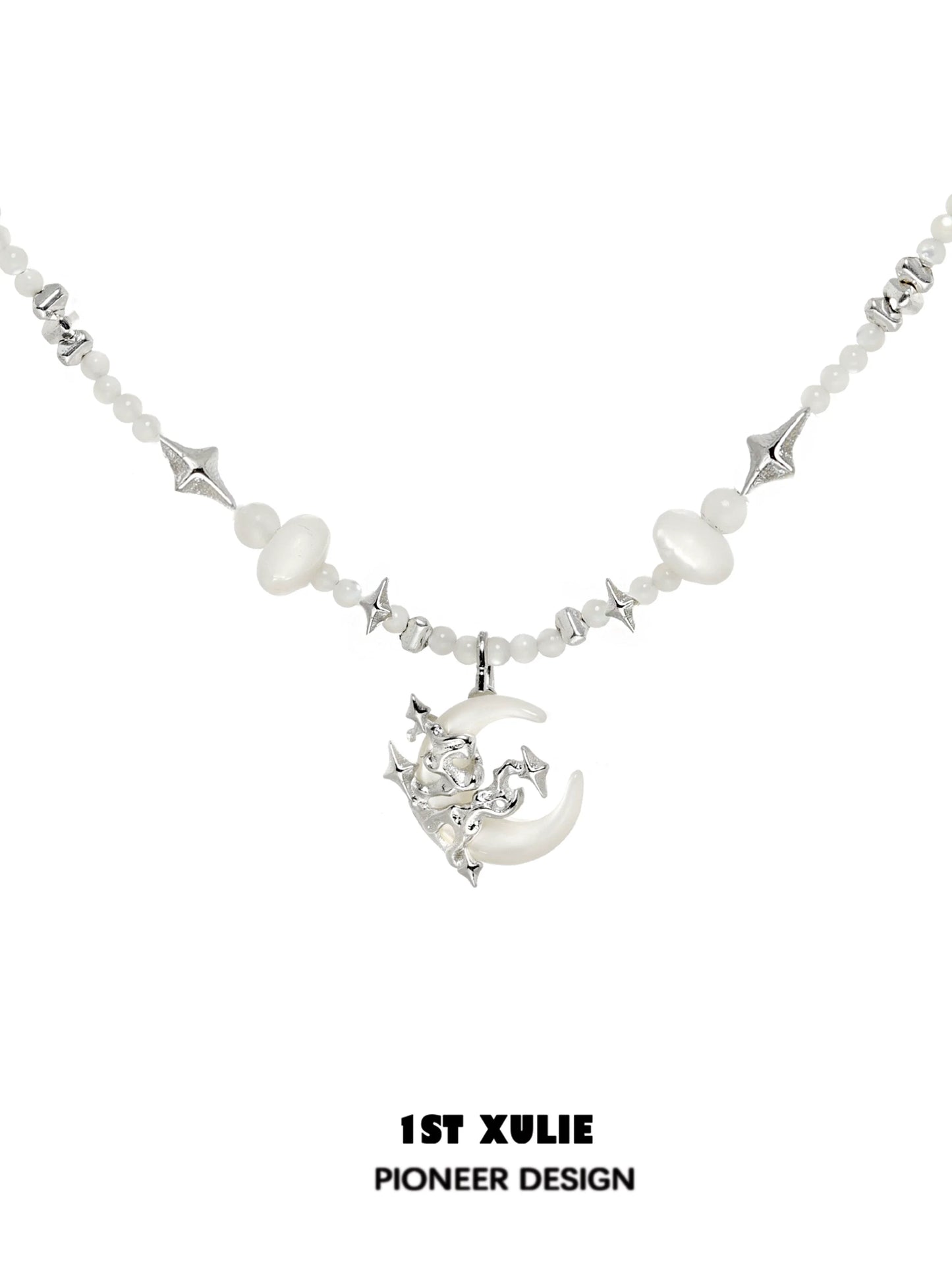Moon beaded clavicle chain necklace featuring silver and white beads with a crescent moon charm