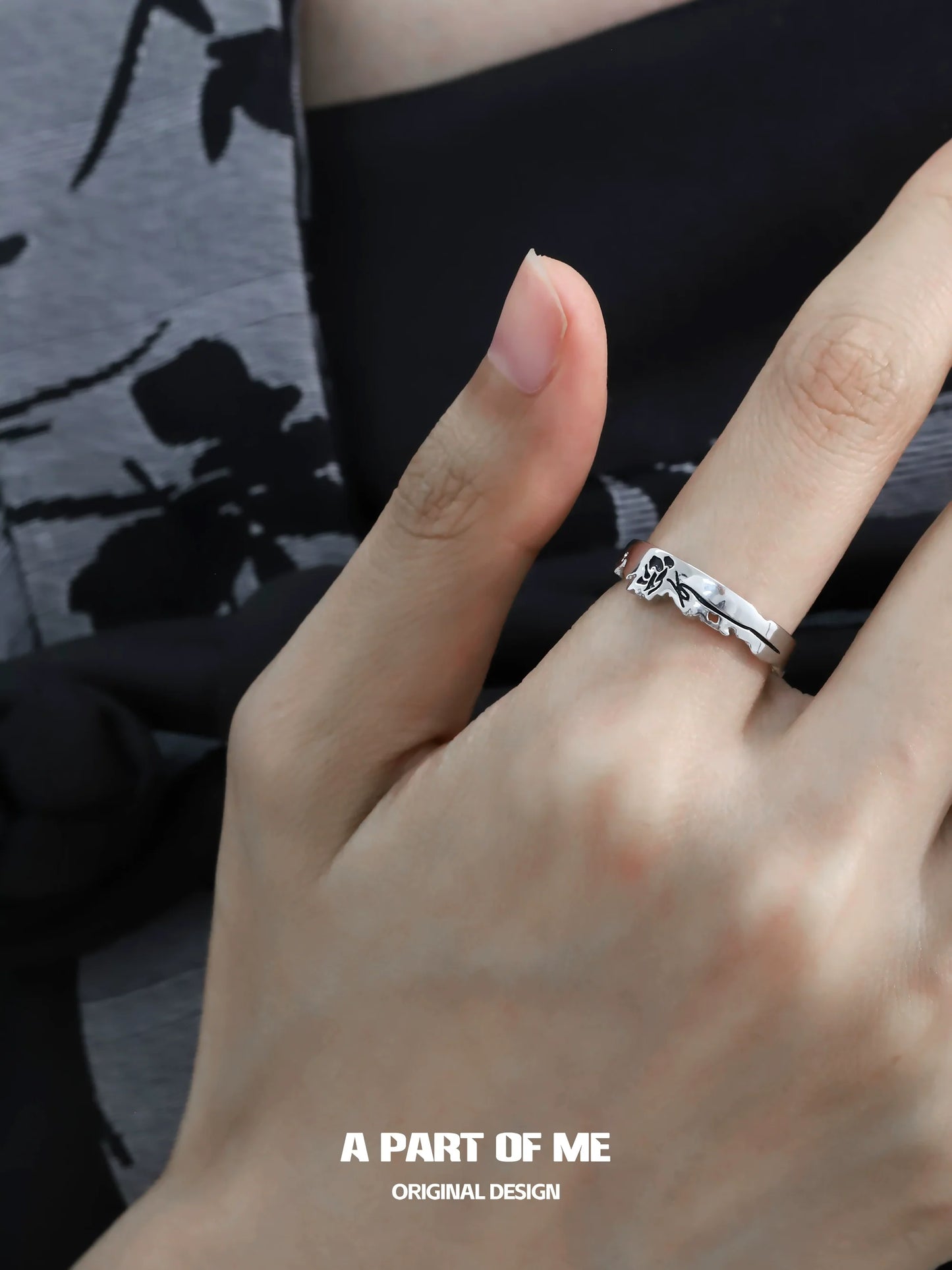 A PART OF ME moon rose couple rings displayed on elegant fingers showcasing the intricate design