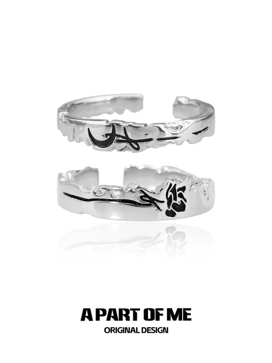 Stylish A PART OF ME moon rose couple rings in silver with unique design and detailing